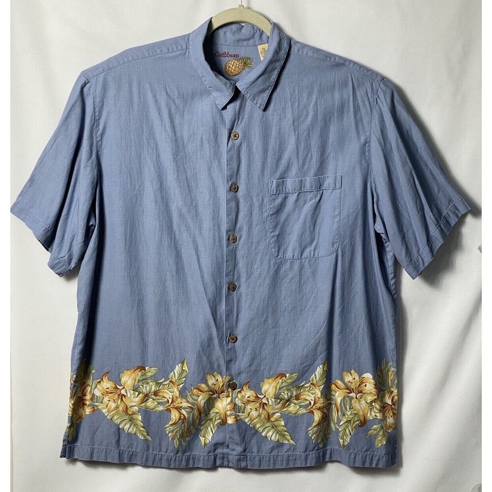 Caribbean Mens Button Up Shirt Blue Short Sleeve Silk Blend Hawaii Floral Sz XL